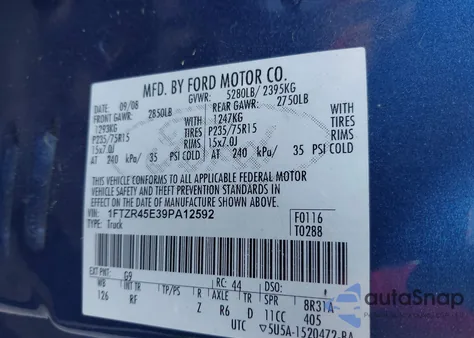 2009 Ford Ranger Fx4 Off-Road/Sport/Xlt from USA, damaged, VIN 1FTZR45E39PA12592